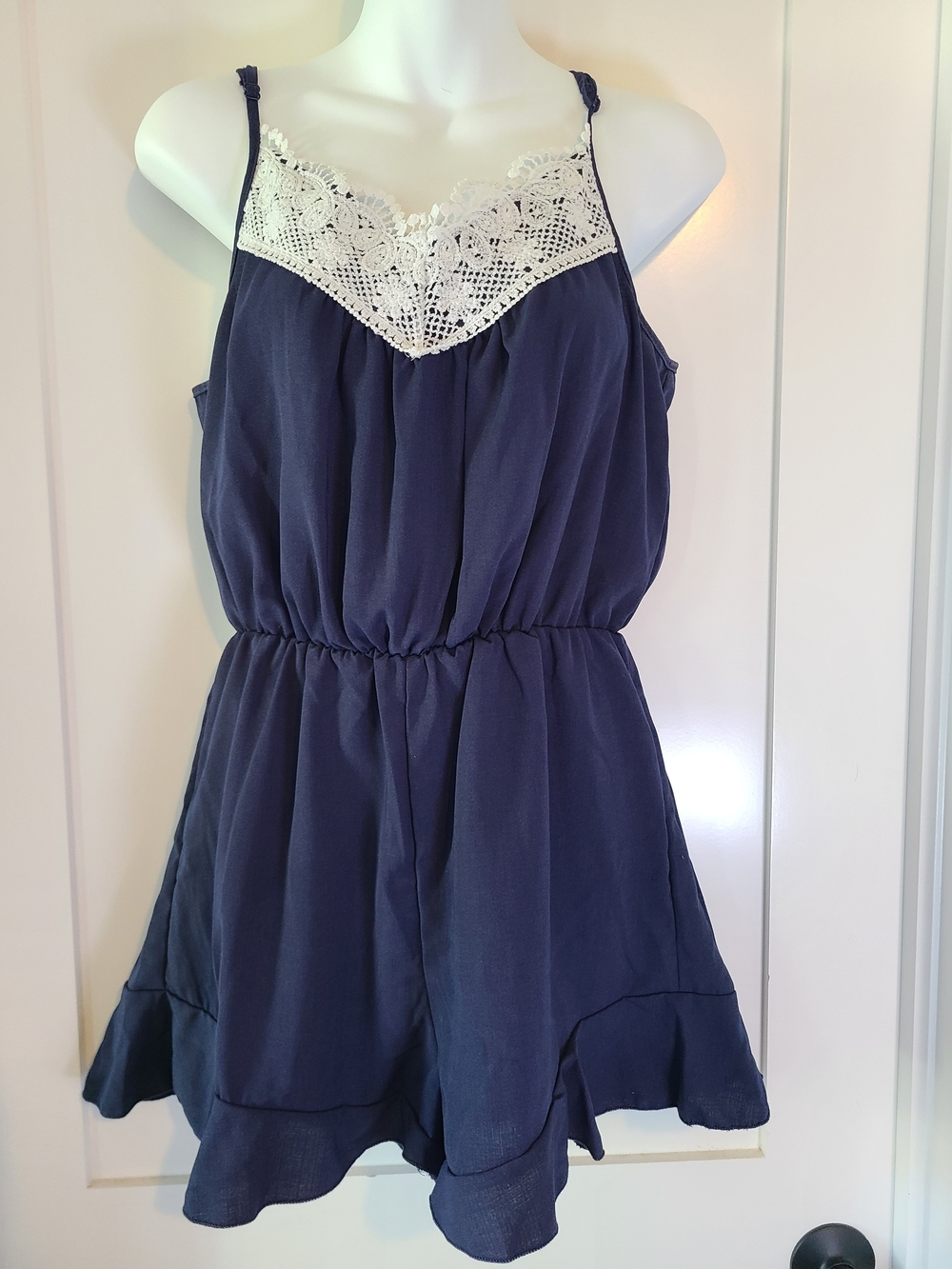 SHEIN Navy Blue Romper with White Lace Trim